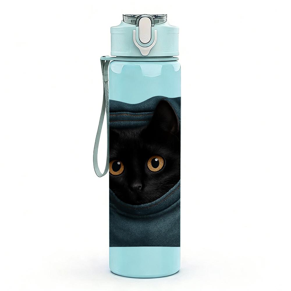 1PC Black Cat Jean Pocket Peeking 750ml Color Plastic Sports Water Bottle Leakproof Flip Straw Lid Suitable for Sports Office Home Use