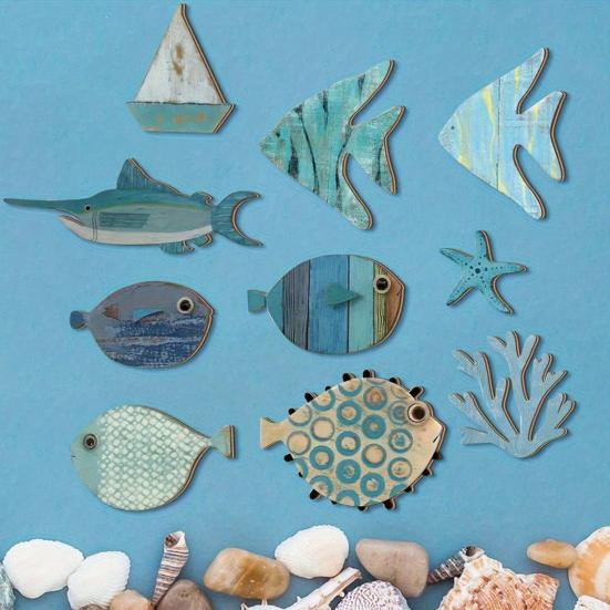 10 ks Dřevěná ryba Nástěnná dekorace Hejno ryb Plážové Jezerní Dům Koupelnové Nástěnné Umění Námořní Pobřežní Oceánské Téma Závěsná Ozdoba