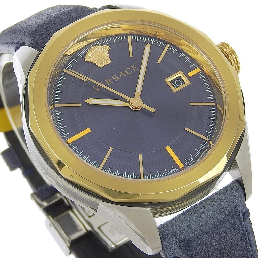 Versace VERA Watches WR5 gold/Navy Blue NavyDial Stainless Steel/leather Quartz Analog Display Mens Used