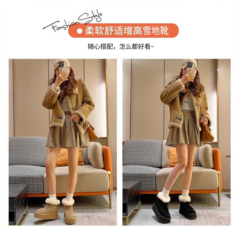 Thick-soled Inner Height-increasing Snow Boots for Women's New Winter Velvet Thickened Short Leather Wool Snow Cotton Shoes for Women