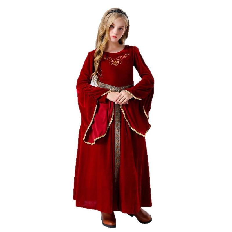 Halloween Costume European Medieval Vintage Court Queen Ball Horn Sleeve Long Dress Children's Performance Costume