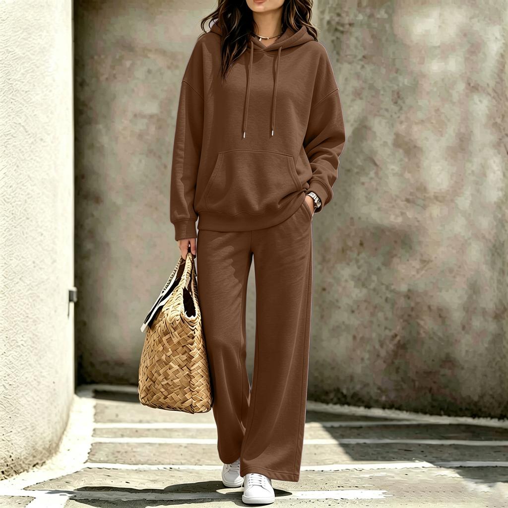 Women's Casual Hooded Sweatshirt and Pants Set with Pockets for Fall and Winter