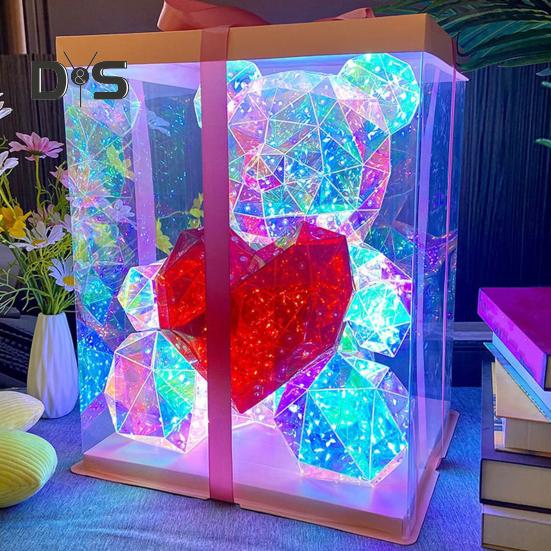 Teddy Bear Night Light Prismatic Iridescent LED Bear Lamp DIY Assembly Colorful Bunny Lamp for Valentine's Day Gift Bedroom Party Decor