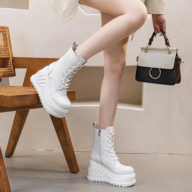 Martin boots women's platform mid-tube short boots 2025 autumn and winter new leather boots solid color simple side zipper fashion shoes