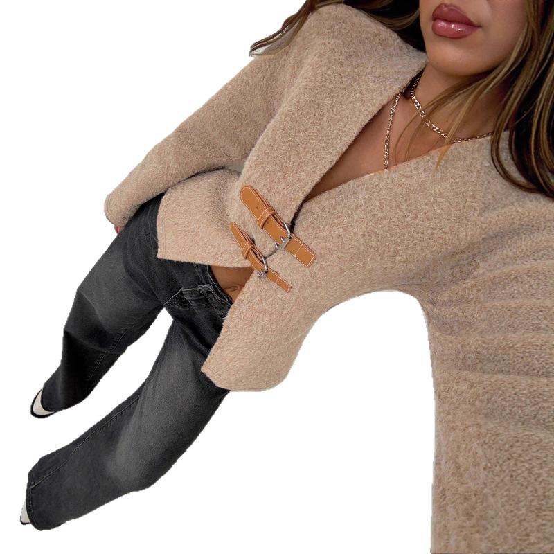 Women's V-Neck Cropped Jacket Fuzzy Fabric Double Buckle Decoration Long Sleeve Casual Outerwear