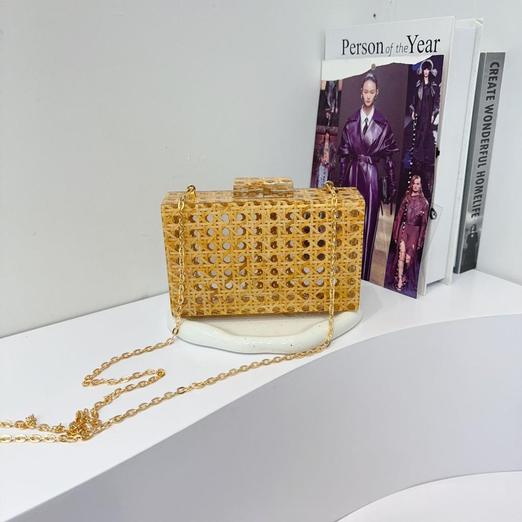 Vintage Dinner Clutch Bag Rattan Acrylic Bag Shoulder Bag Chain Messenger Women'S Bag