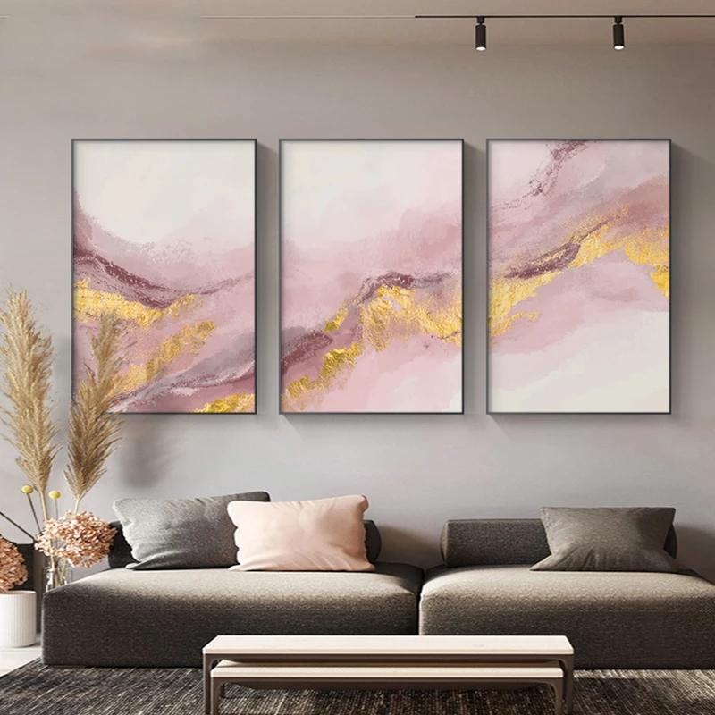 Abstract Gold Foil Modern Lines Pink Canvas Art Paintings For Living Room Bedroom Posters And Prints Wall Poster Home Decor