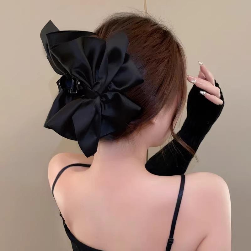 Oversized Black Satin Bow Clip High-End Hair Clip For Women'S Back Of The Head Shark Clip