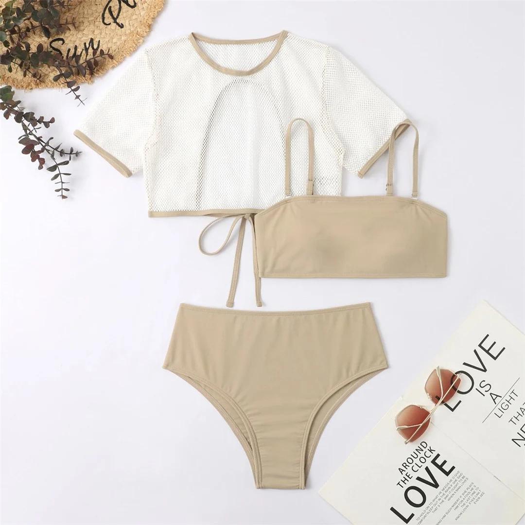 

Сетчатый женский купальник с вырезом и высокой талией, женский купальник-бикини, комплект из трех частей, купальный костюм для купания L белый