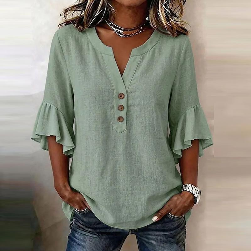 Summer V Neck Women T-Shirts 3/4 Sleeve Button Shirt Blouse Women Casual Solid Color Loose Tops Female Oversized Shirts