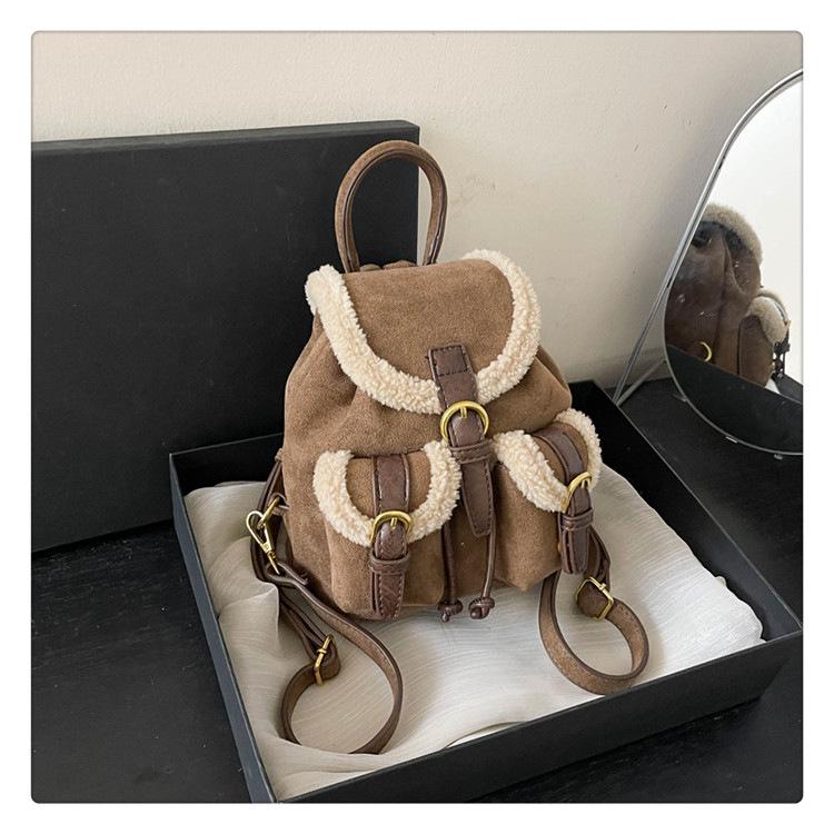 2025 Autumn/Winter Women's Retro Lambswool Color Block Handbag Backpack