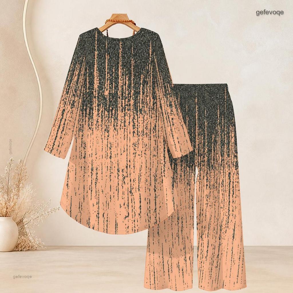 Women Plus Size Purple White Printed Round Neck Long Sleeve High Low Top Wide Leg Pants Two Piece Set
