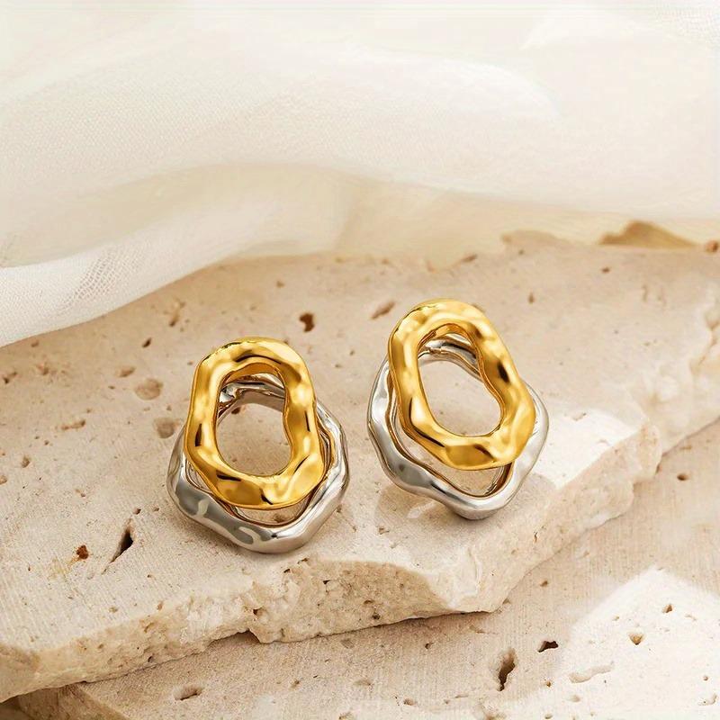 1PAIR Double Layer Irregular Geometric Pattern Copper Earrings, Uneven Surface Fashion Gold and Silver Jewelry Gift