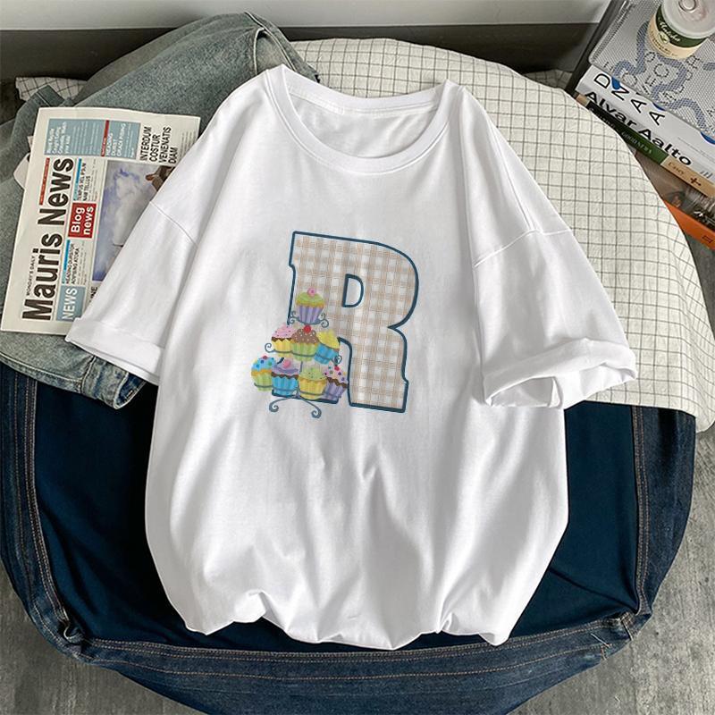 

Harajuku Kawaii Графическая печатная футболка Мода O-neck Женская одежда Девушки Топы 26 букв Торт Женские футболки