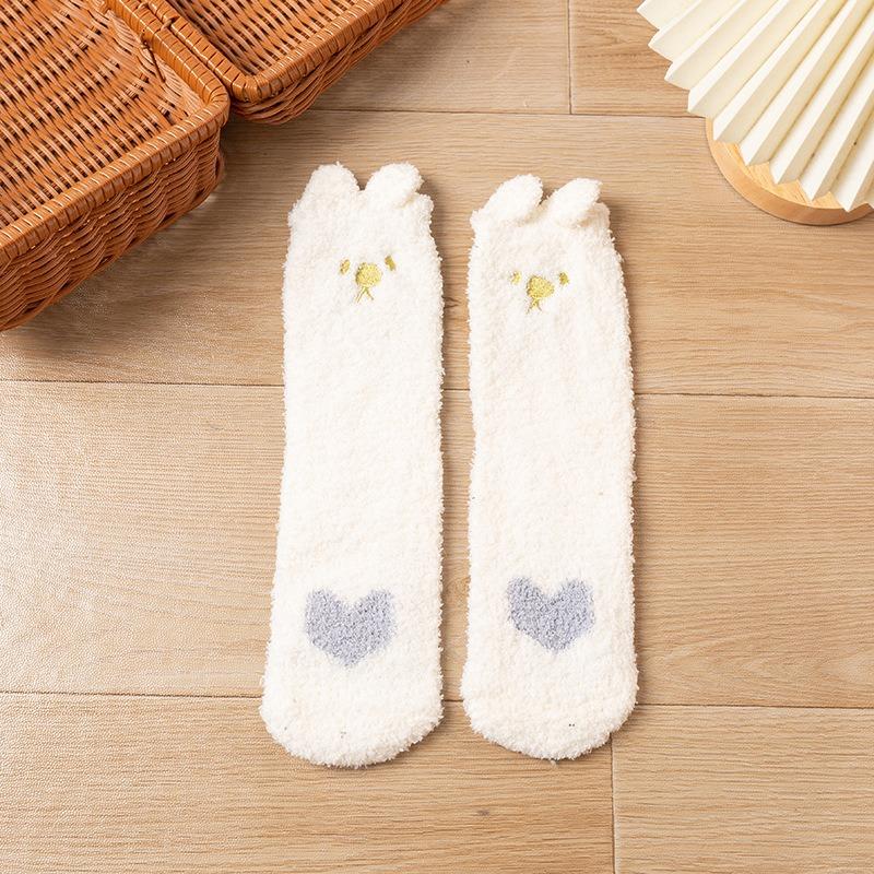 Ladies Winter Thickened Warm Coral Velvet Stereo Cat Claw Embroidered Home Sleeping Moon Socks