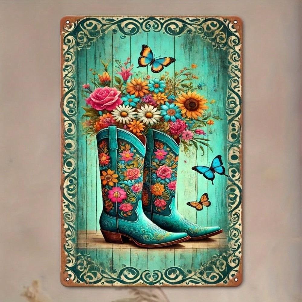 Vintage Cowboy Boots Metal Wall Art 8x12 Inch Rustic Home Decor Tin Sign