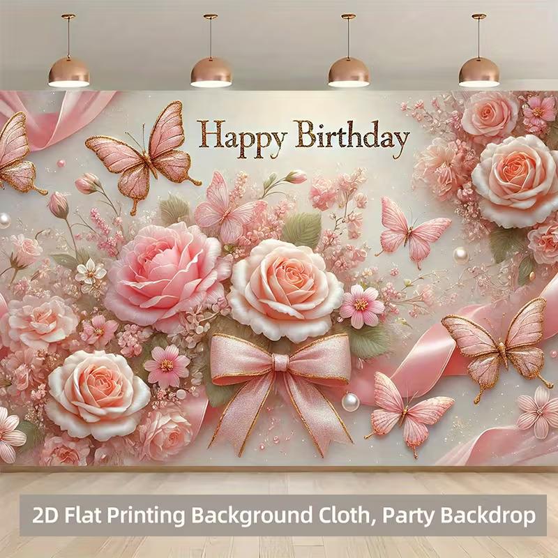 Dwuwymiarowe tło "Happy Birthday" z różowymi różami, motylami i złotymi kokardkami