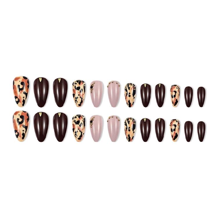 24Pcs Short Almond Leopard Press On Nail Glossy False Nail Winter Nail Decors Stick on Nail Suitable for Work and Event