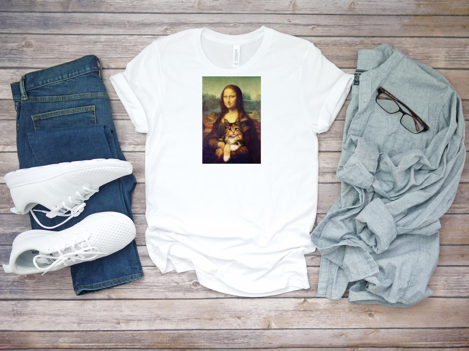 Mona Lisa with Cat funny T-shirt Short sleeve Men T-shirt K356 XXXXL