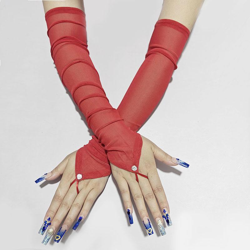 

48Cm Long Hot-Drilled Hook Finger Gloves Women Sexy Cosplay Party Thin Elastic Mesh Breathable Transparent Fingerless Gloves One Size