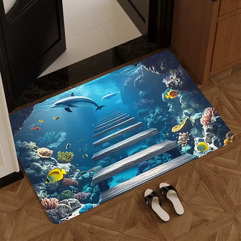 2D Meeres-Meeresschildkröte Fußmatte Korallenriff Unterwasserwelt Design Weicher Rutschfester Heimdekor Teppich Natürliche Landschaft Teppich für Küche