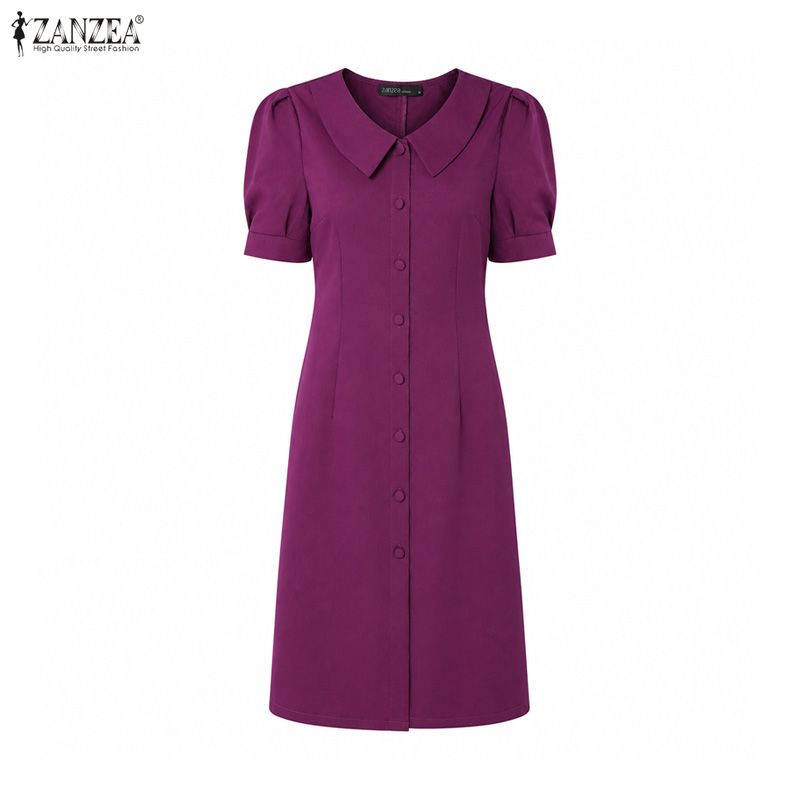 ZANZEA Women Casual V-Neck Solid Color Summer Short Sleeve Dress