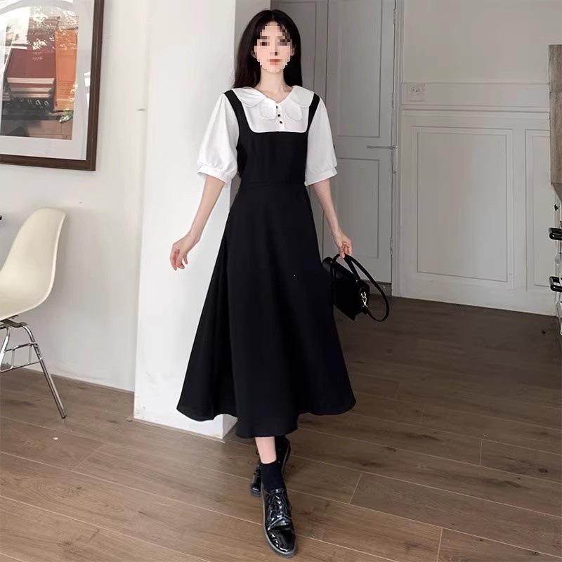 French Style Temperament Splicing Button Contrasting Dress Fake Two Pieces Age-reducing Design Waist A-shaped Long Dress Women's Summer
