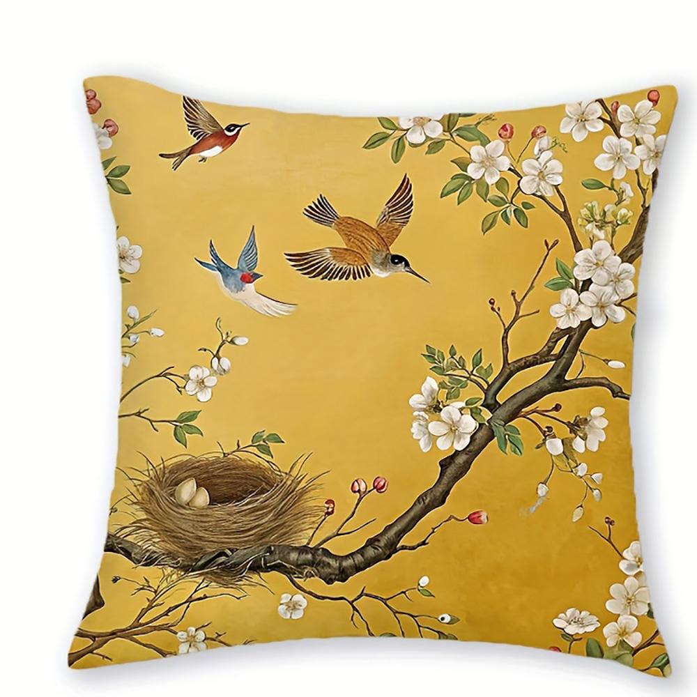 1/4pcs Yellow Pillowcases with Floral and Bird Motifs Sofa Cushion Cover Home Bedroom Room Decoration