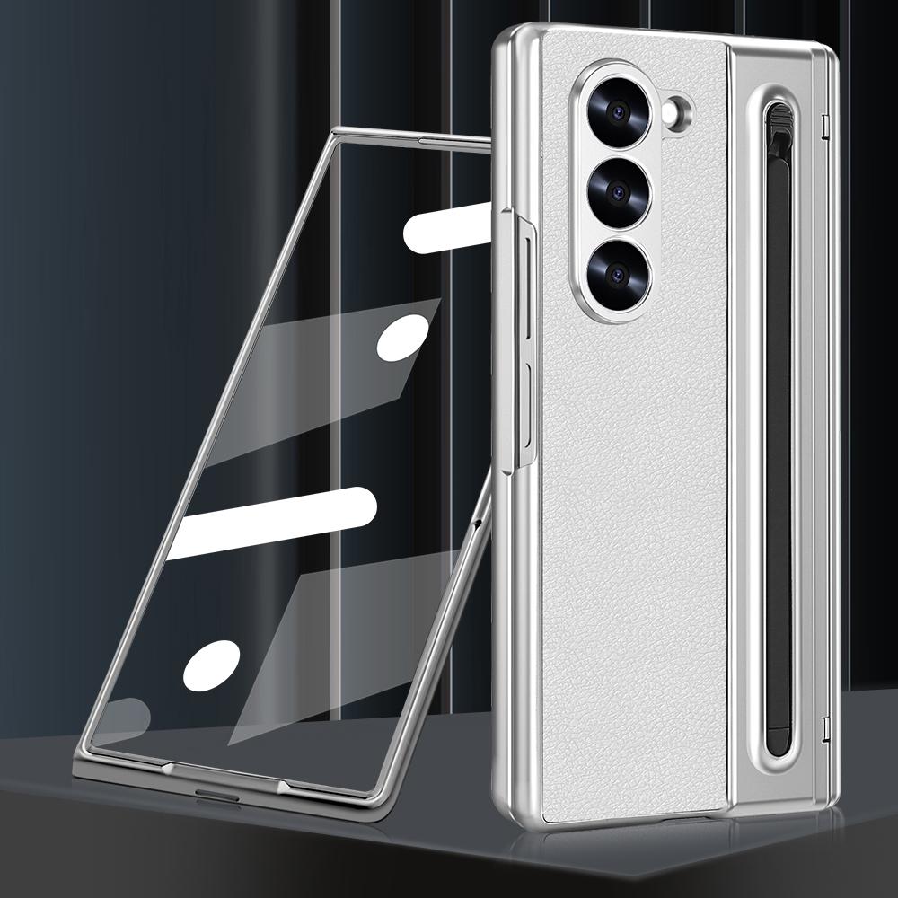 Electroplated Hinge Phone Case For Samsung Galaxy Z Fold 6 5 4 5G Fold6 Screen Glass Stylus All Inclusive Pen Slot Holder Cover