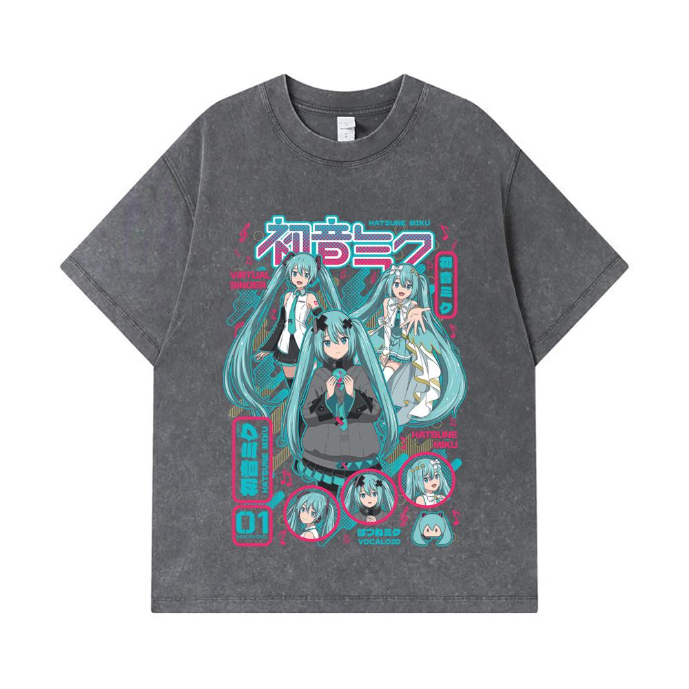 275 GSM Washed T-shirts 100% Cotton Vocaloid V1 Hatsune Miku Print Unisex Heavy Cotton T Shirt