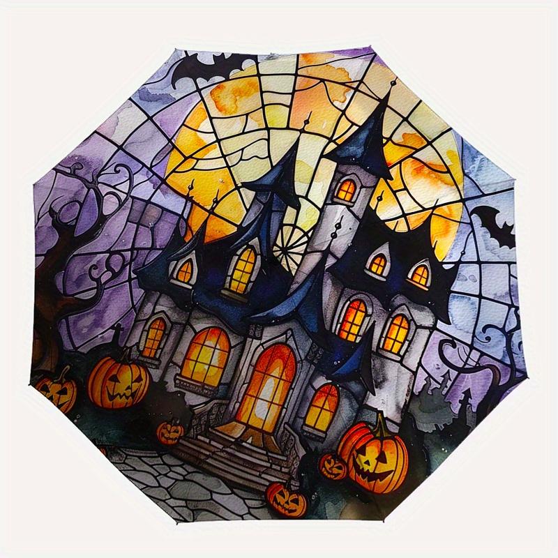 Halloween Haunted House Stained CoasterUmbrella, Portable 3-Fold Compact Umbrella,Christmas Gift ES598