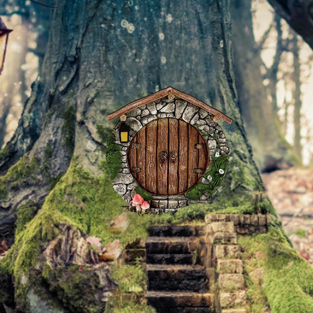 Miniature Wooden Fairy Door for Trees – Whimsical Gnome Garden Decor, Magical Yard Ornament, Weather-Resistant DIY Fairy House A