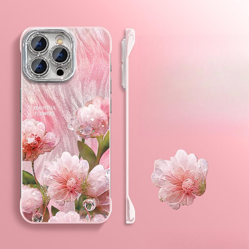Crystal Flowers Suitable for Apple 16 Feather Yarn Frameless Mobile Phone Case Huawei Mate70pro Ultra-thin 15 Bracket 13