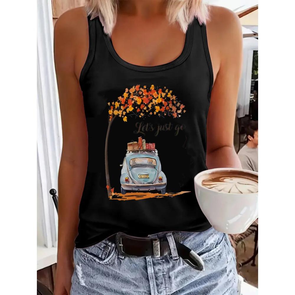 Retro car casual printed vest with leaves