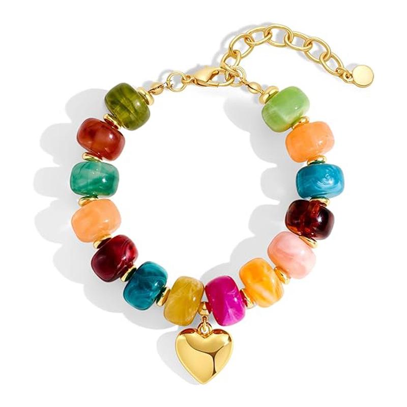 

Bohemian Colorful Chunky Resin Beaded Necklace for Women Y2K Trendy Gold Color Puffy Heart Pendant Choker Summer Beach Zircon