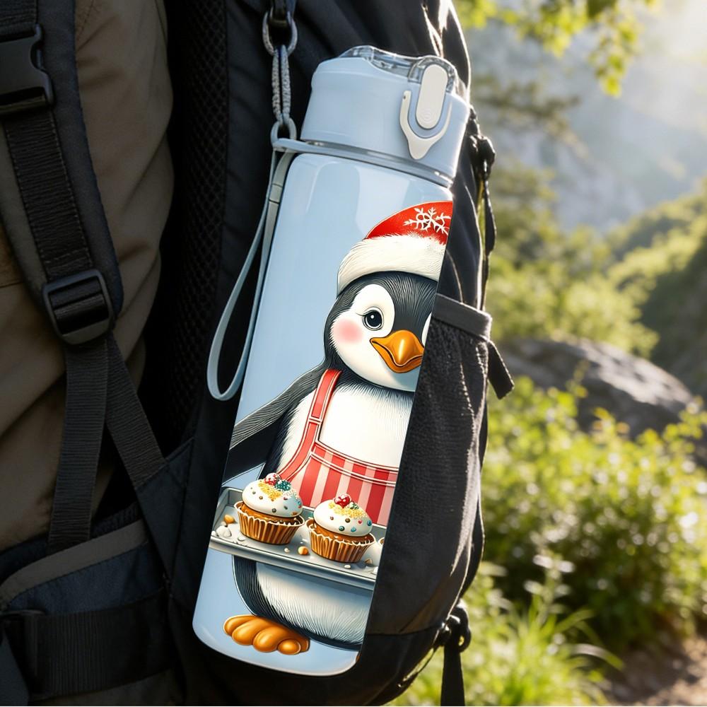 1PC Xmas Penguin Santa Hat Cartoon 750ml Color Plastic Sports Water Bottle Leakproof Flip Straw Lid Suitable for Sports Office Home Use