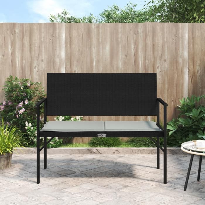 VidaXL Banc de jardin à 2 places avec coussin noir résine tressée, siège de jardin, banc de parc, banc de porche, banc 364119