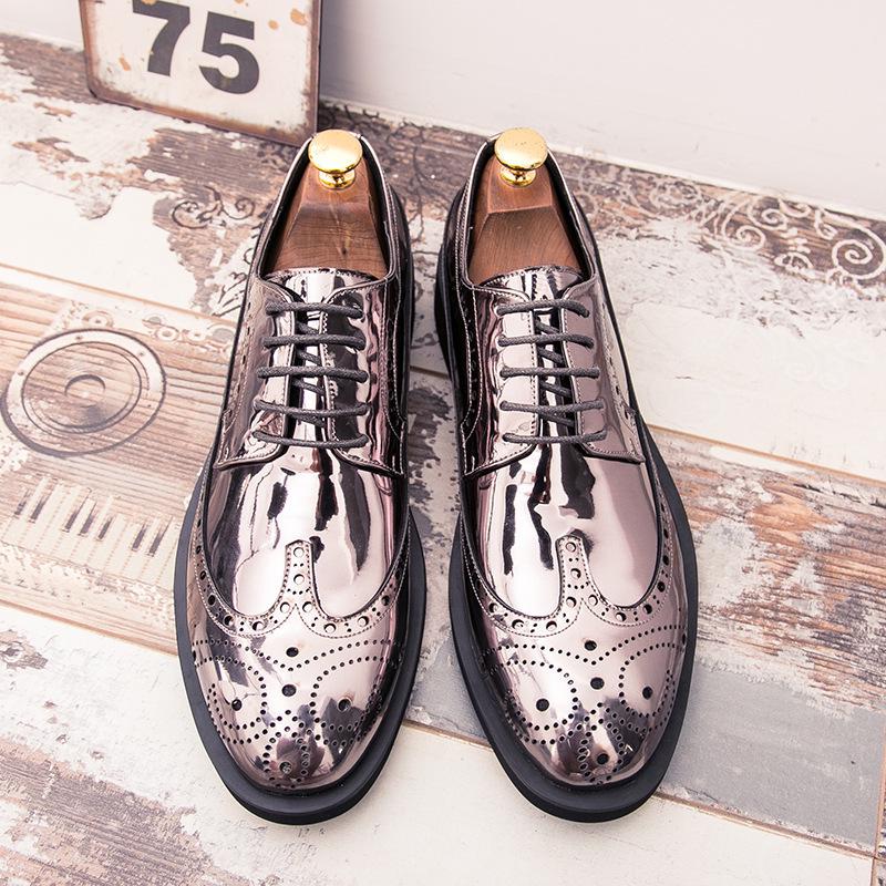 Korean Style Shiny Gold Brogue Derby Shoes - Plus Size, Fashionable Nightclub Leather Lace-Ups