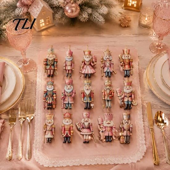 Vintage Pink Soldier Pendant Decorations Christmas Nutcracker Ornaments for Tree, Wooden Tree Hanging Xmas Party Window Decoration, 2D Flat