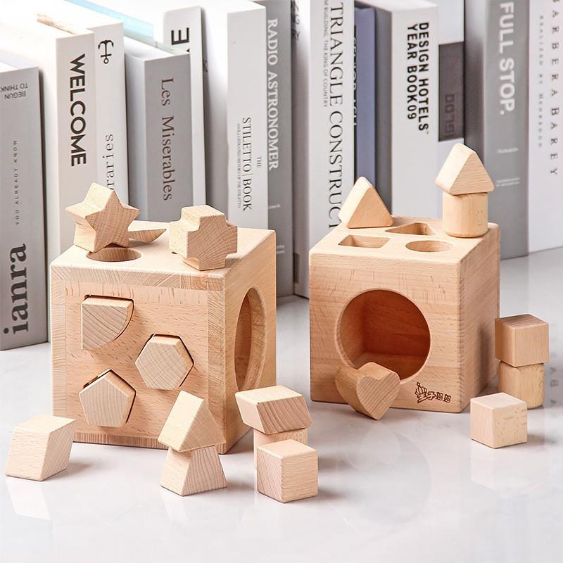 Wooden Young Children Beech Color Primary Color Shape Matching Intelligence Box Geometric Shape Building Block Toy Cognitive Collage