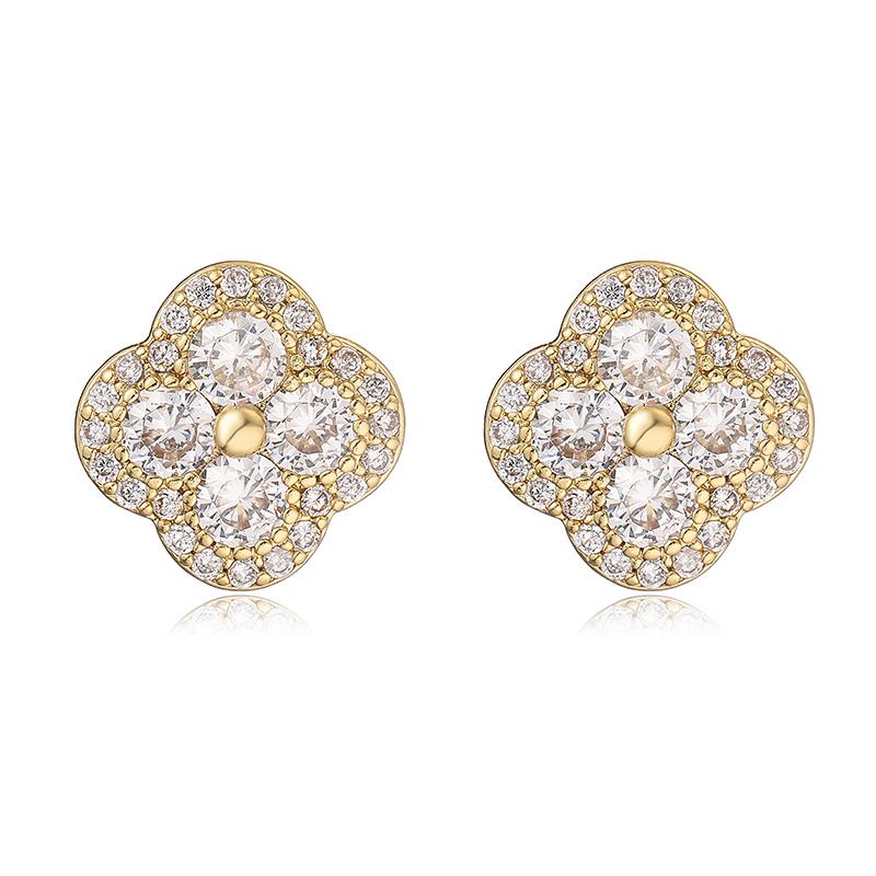 Gold Plated Cubic Zirconia Flower Earrings Romantic Metal Studs For Women Jewelry Gift 1 Pair
