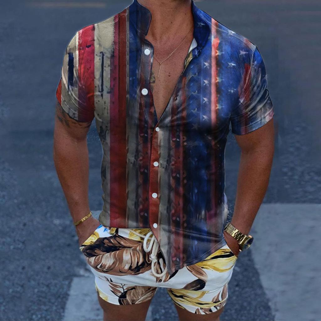 Nová letní košile 3D digitální tisk Den nezávislosti Tisk Neformální Volná Havajská košile Krátký rukáv