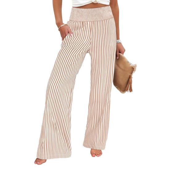 Women Pants Striped Print Wide Leg Trousers with Pockets Loose Fit Elastic High Waist Casual Pants Work Travel Daily Wear