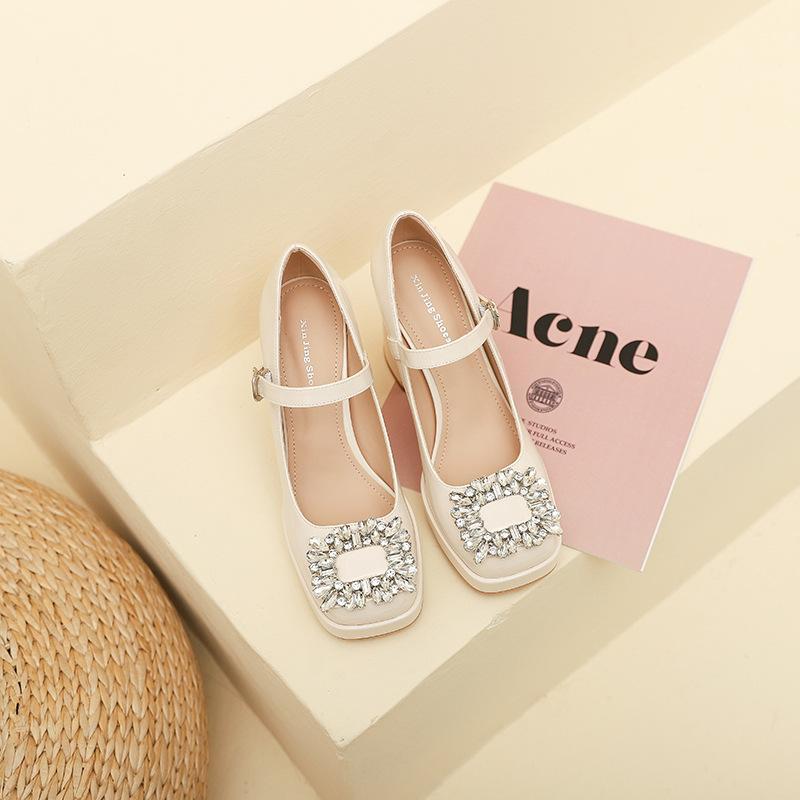 

3359-11 square head word with high heels women s summer new fashion square buckle rhinestone thick heel single shoes women s shoes 35 абрикосовый