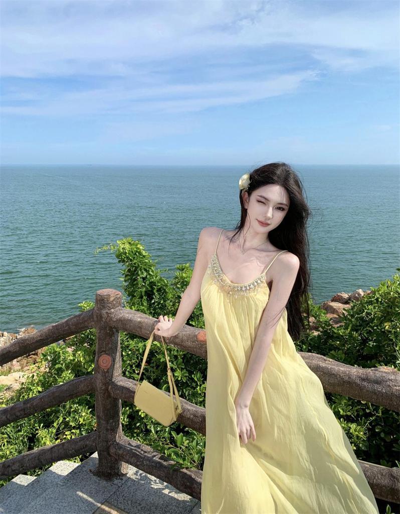 Women's Luxurious Summer Sling Dress with Rhinestone Beading - Exquisite Long Vacation Dress
