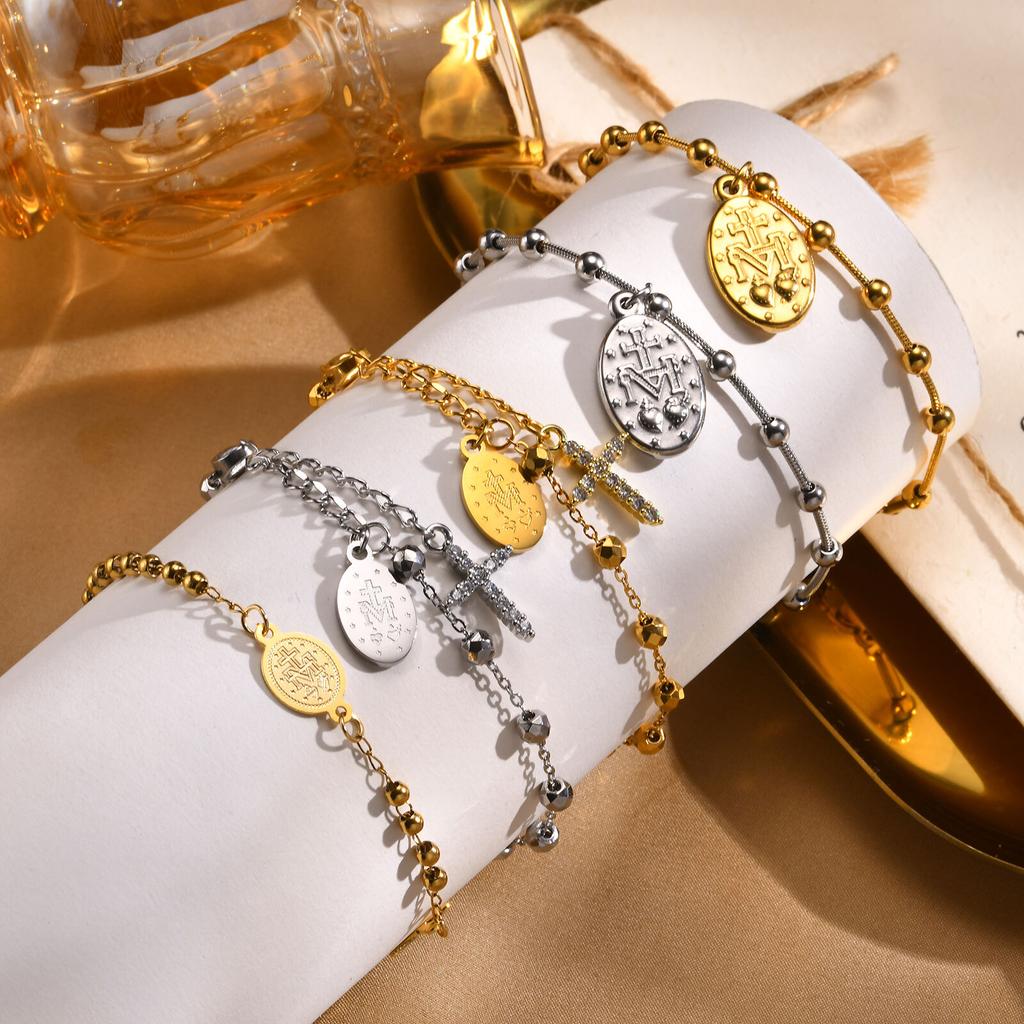 Vnox Stainless Steel Rosary Bracelet For Women Men,Religious Cross Virgin Mary Accessories Chain Bracelets,Christ Jesus Jewelry