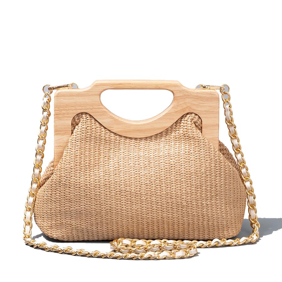 Woven Clip Single-shoulder Bag Fashion Wooden Handle Straw Weaving Handbags Chains Crossbody Bags Grass-woven for Beach Vacation