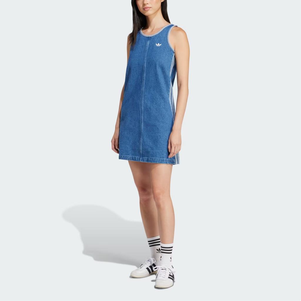 Adidas Originals Adicolor 3-Stripes Brand Logo Casual Fashion Simple Slim Fit Sleeveless Dress Women Dresses Blue JD2580