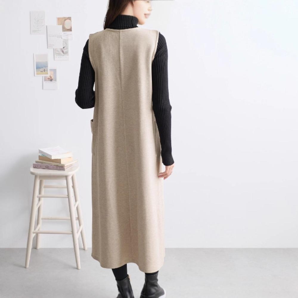 Women's V Neck Sleeveless Straight Long Midi Dress Slim Fit Loose Waist Japanese Casual Vest Pinafore Dress