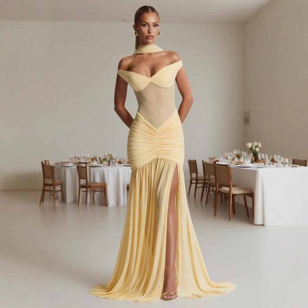 Sommer schräges Schulter Off-Shoulder Kleid schmal schmal Nähte Fischschwanz Kleid